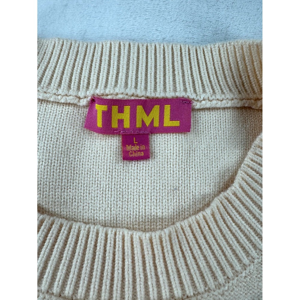 THML Knitted Sweater Women Large Beige Embroidered Crewneck Short Sleeve Classic - Picture 9 of 10